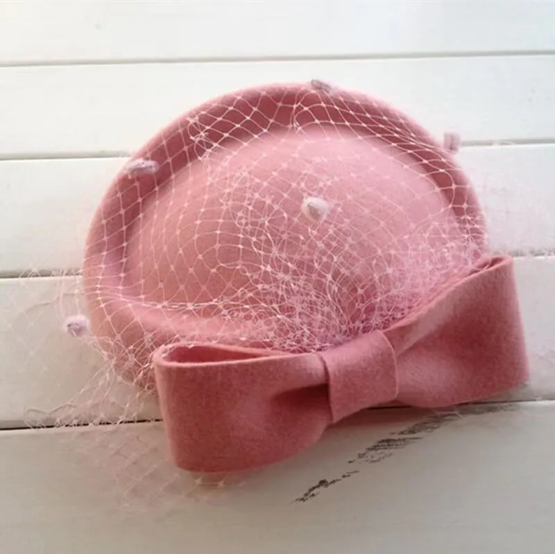 100% Wool Pillbox Hat Fedora With Black Veil Bowknot Fascinators For Women
