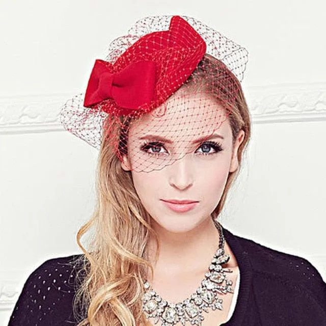 100% Wool Pillbox Hat Fedora With Black Veil Bowknot Fascinators For Women
