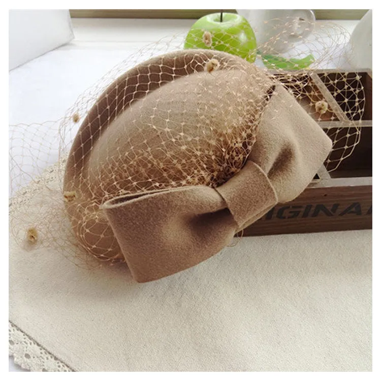 100% Wool Pillbox Hat Fedora With Black Veil Bowknot Fascinators For Women