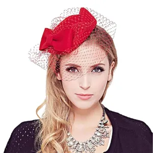 100% Wool Pillbox Hat Fedora With Black Veil Bowknot Fascinators For Women