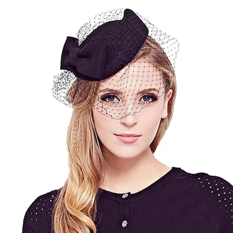 100% Wool Pillbox Hat Fedora With Black Veil Bowknot Fascinators For Women