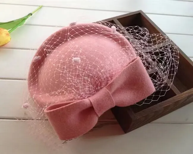 100% Wool Pillbox Hat Fedora With Black Veil Bowknot Fascinators For Women
