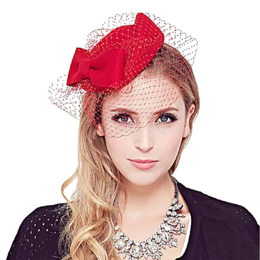 100% Wool Pillbox Hat Fedora With Black Veil Bowknot Fascinators For Women