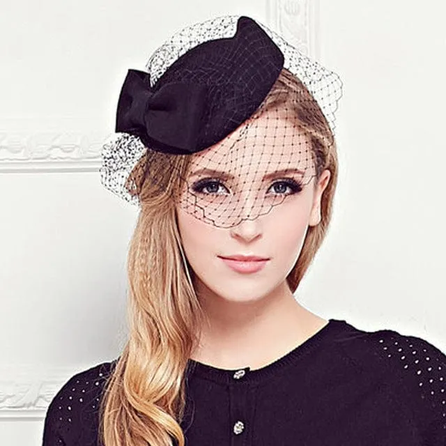 100% Wool Pillbox Hat Fedora With Black Veil Bowknot Fascinators For Women