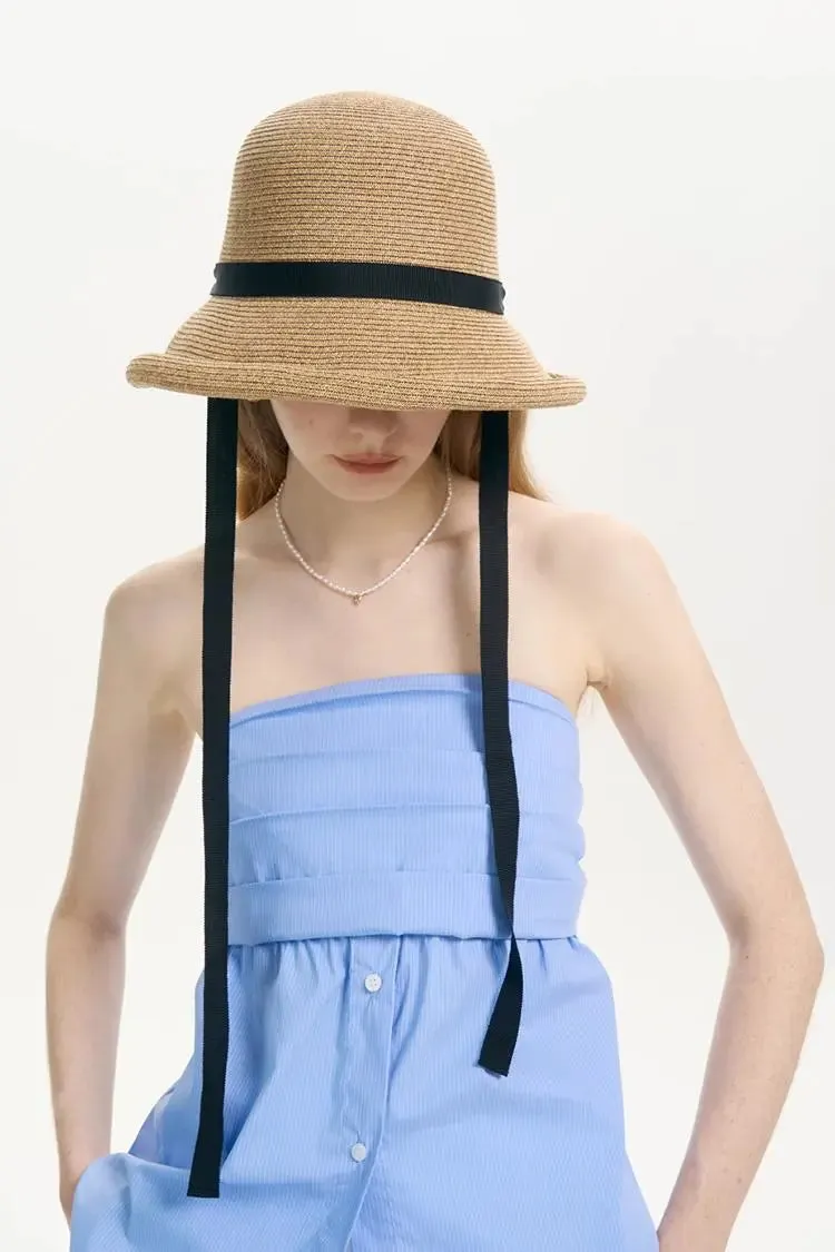 Adjustable French Straw Cloche Hat with Ribbon Tie