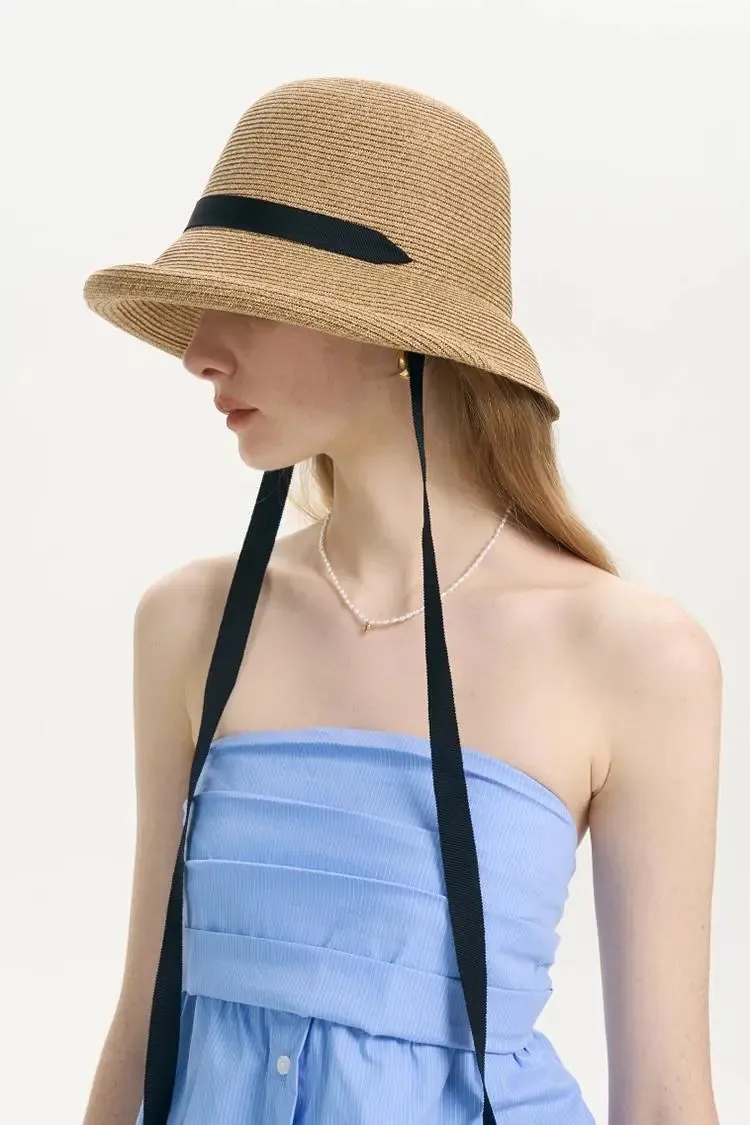 Adjustable French Straw Cloche Hat with Ribbon Tie
