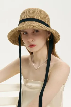 Adjustable French Straw Cloche Hat with Ribbon Tie