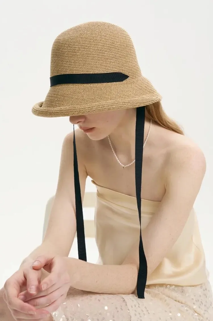 Adjustable French Straw Cloche Hat with Ribbon Tie