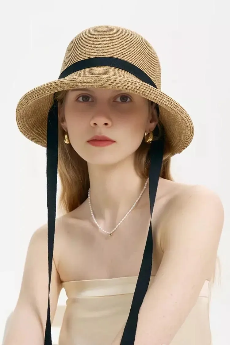 Adjustable French Straw Cloche Hat with Ribbon Tie