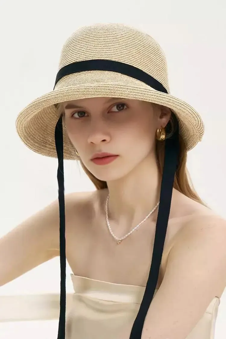 Adjustable French Straw Cloche Hat with Ribbon Tie