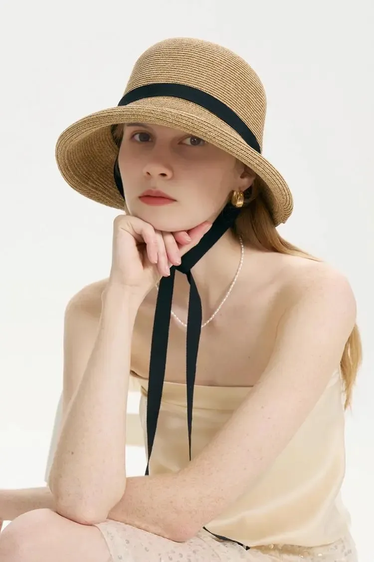 Adjustable French Straw Cloche Hat with Ribbon Tie