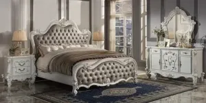 Albert California King Bed, Vintage Gray Vintage Gray Faux Leather & White Finsih