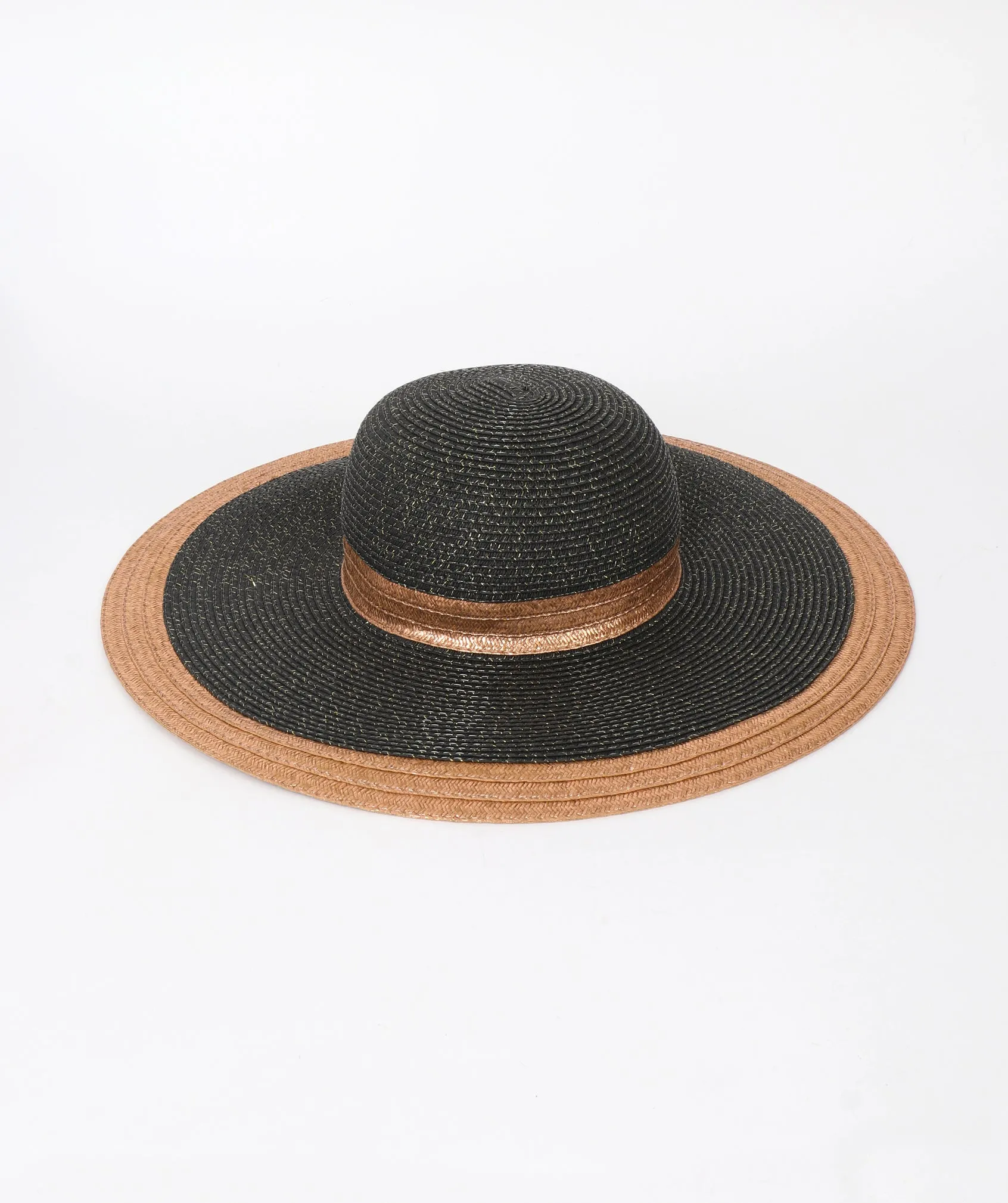Black Gold Metallic Shimmer Wide Brim Straw Hat