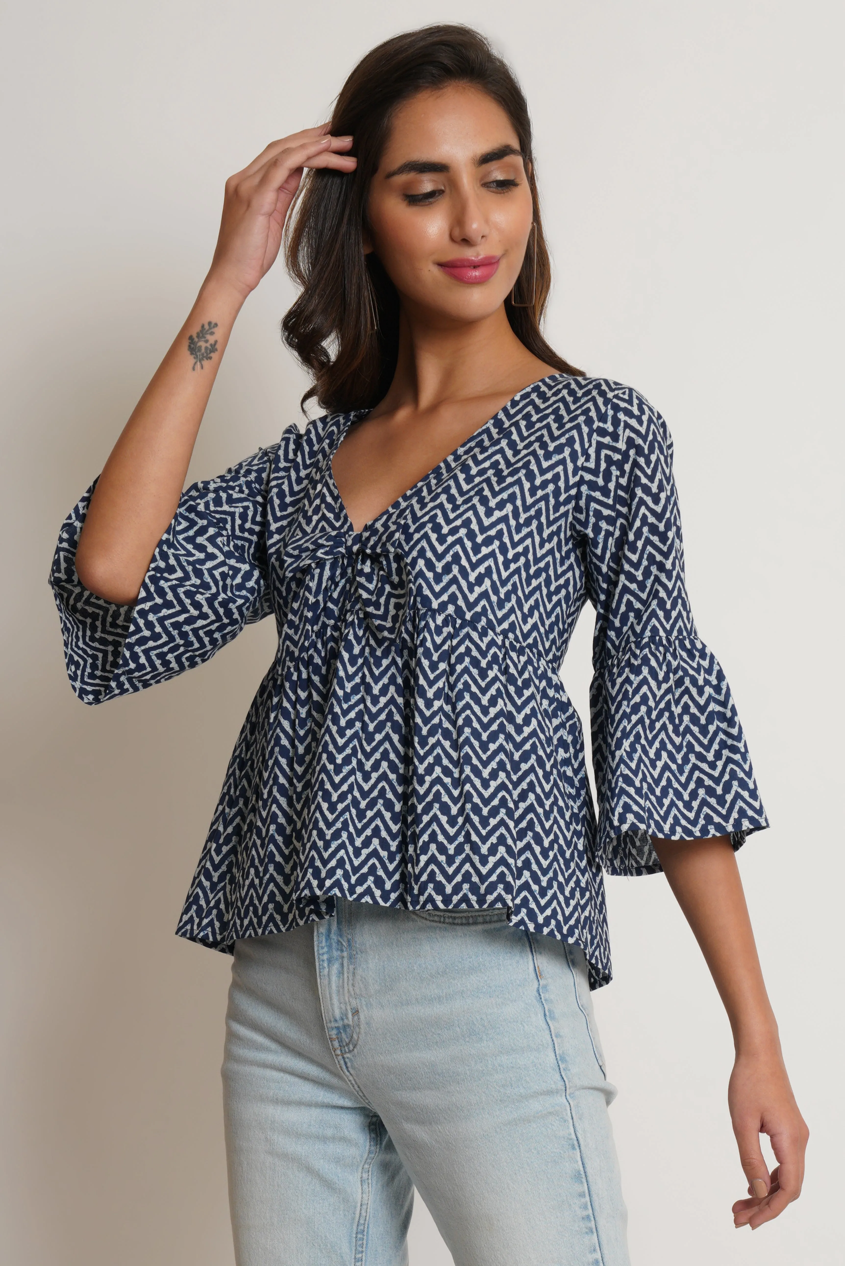 Blue Chevron Pattern Cotton Top For Women