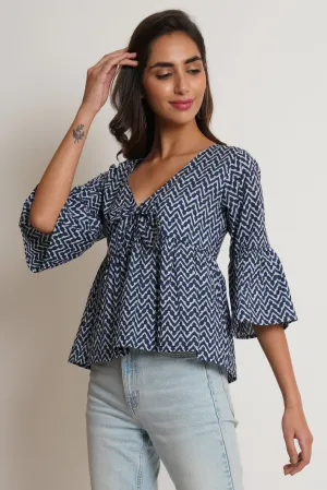 Blue Chevron Pattern Cotton Top For Women