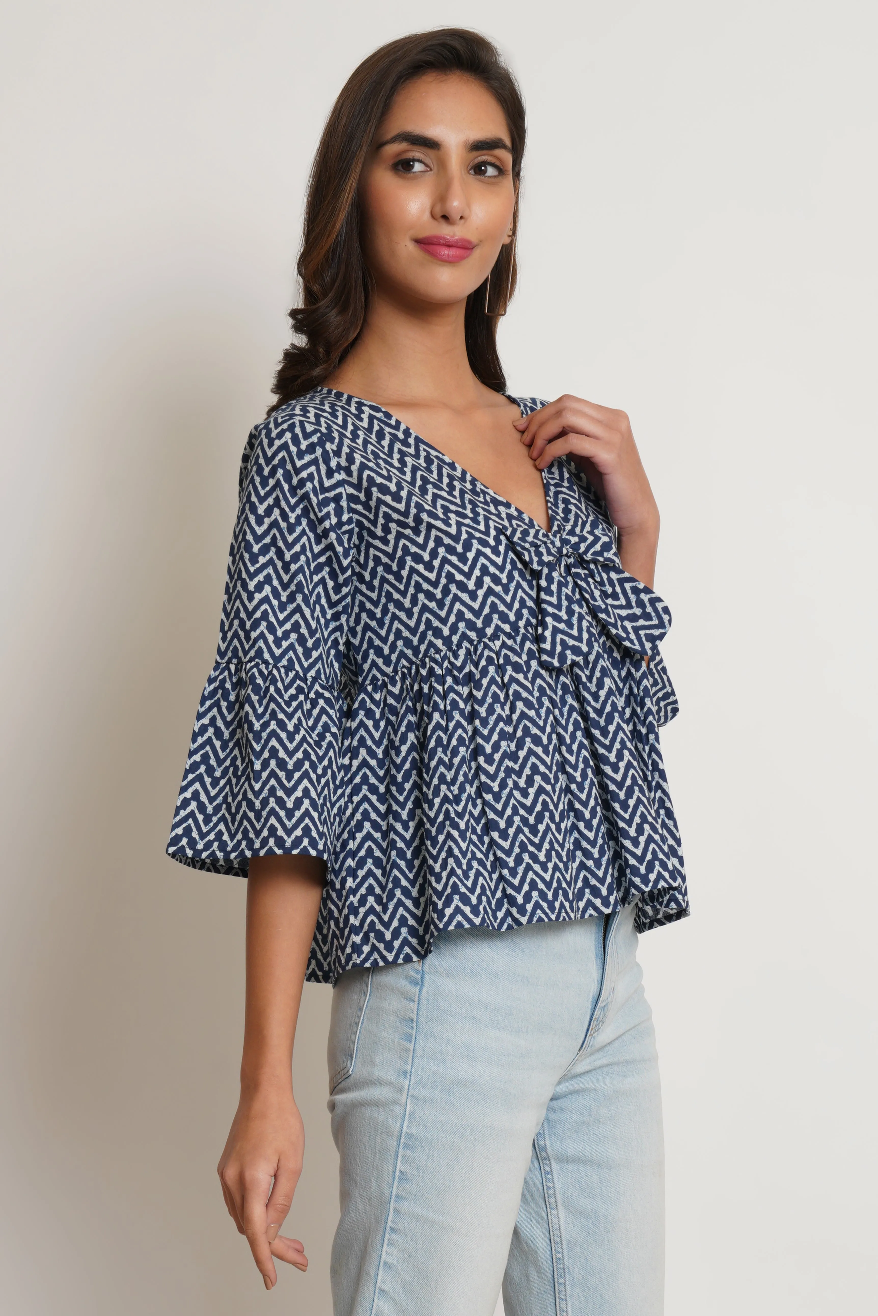 Blue Chevron Pattern Cotton Top For Women