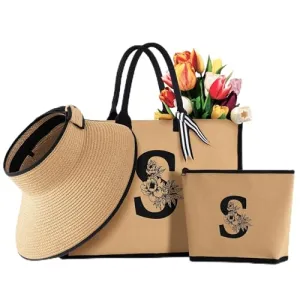 Bridesmaid Gifts, Personalized Canvas Initial Beach Tote Bag with Makeup Bag Sun Hat for Women, Summer Travel Beach Essentials(J)