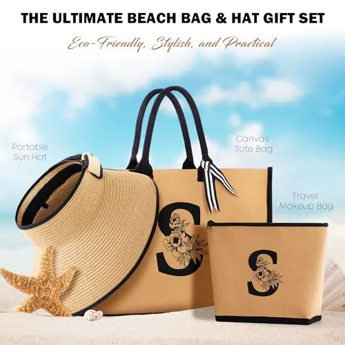 Bridesmaid Gifts, Personalized Canvas Initial Beach Tote Bag with Makeup Bag Sun Hat for Women, Summer Travel Beach Essentials(J)