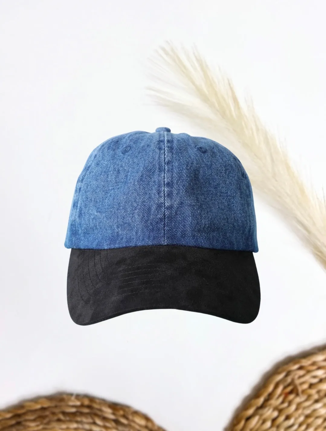 Denim and Black Suede Baseball Hat