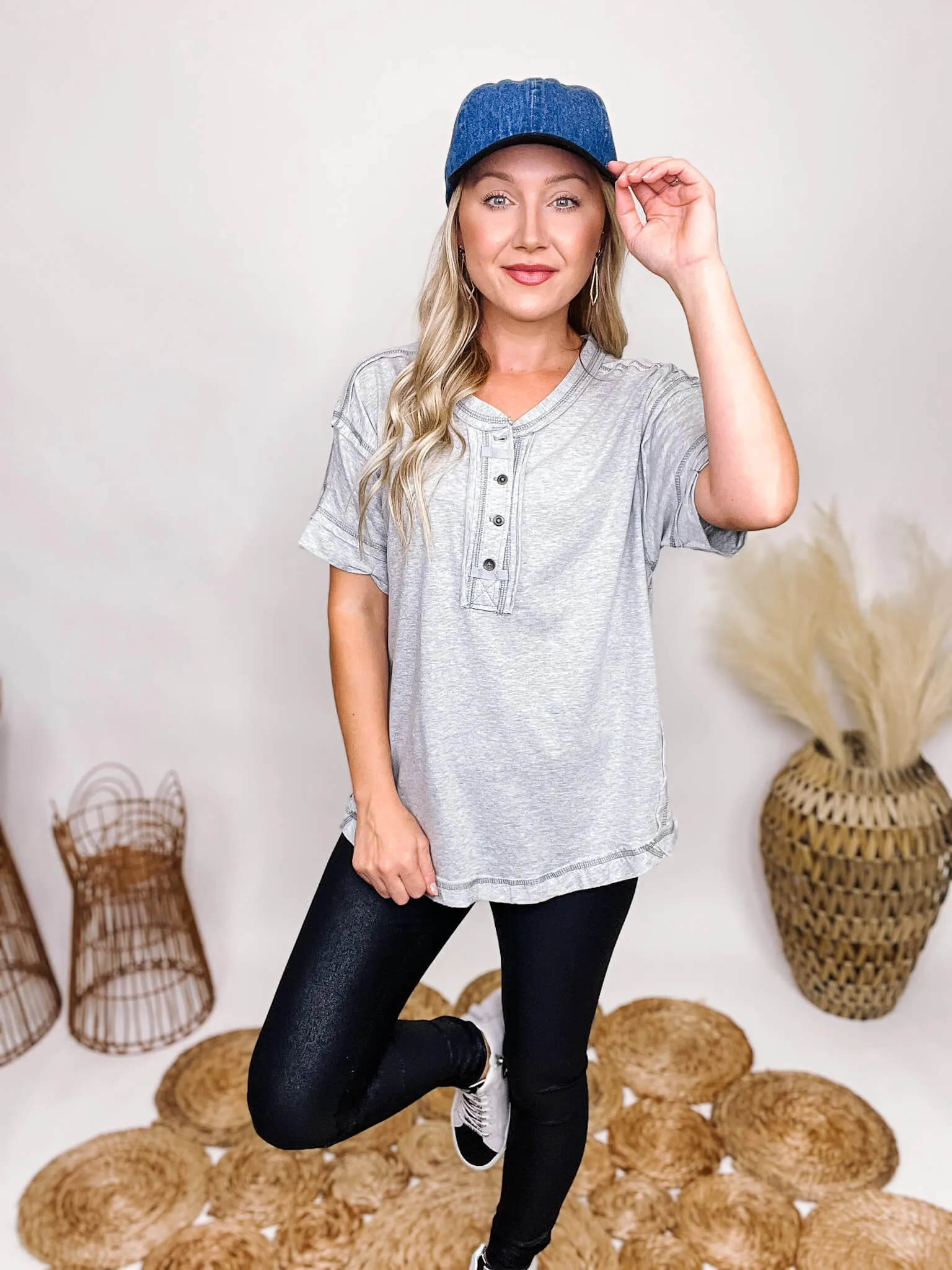 Denim and Black Suede Baseball Hat