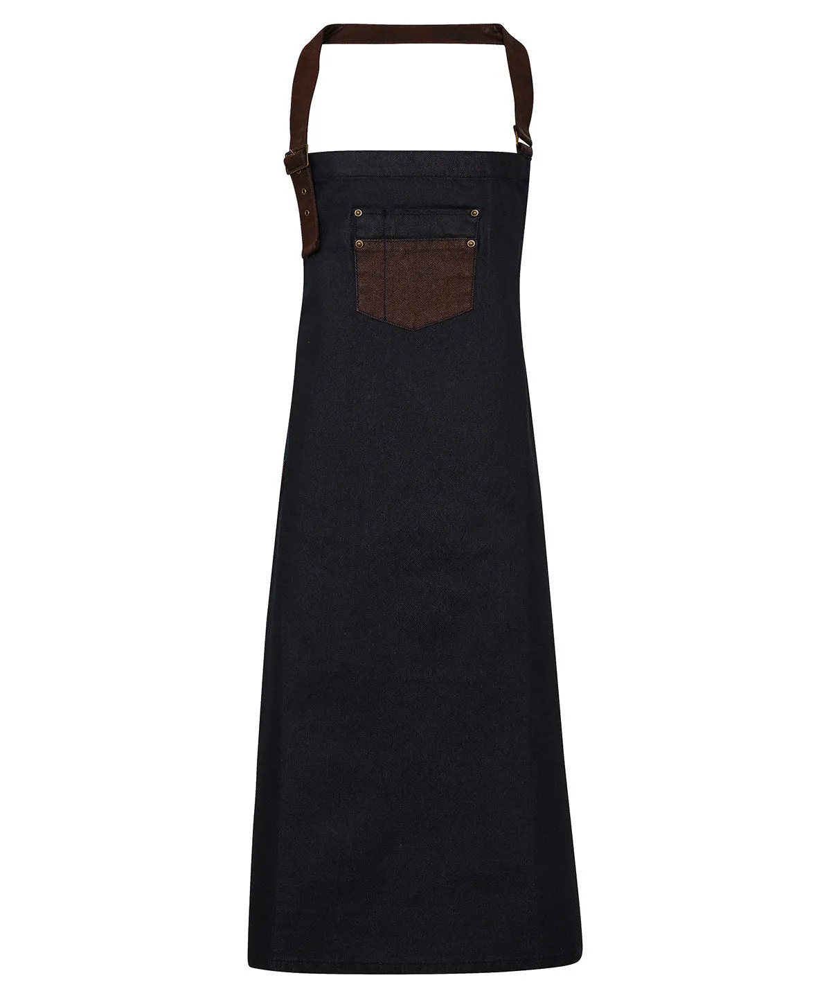 Division waxed-look denim bib apron with faux leather | Indigo/Brown Denim