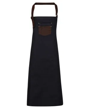 Division waxed-look denim bib apron with faux leather | Indigo/Brown Denim