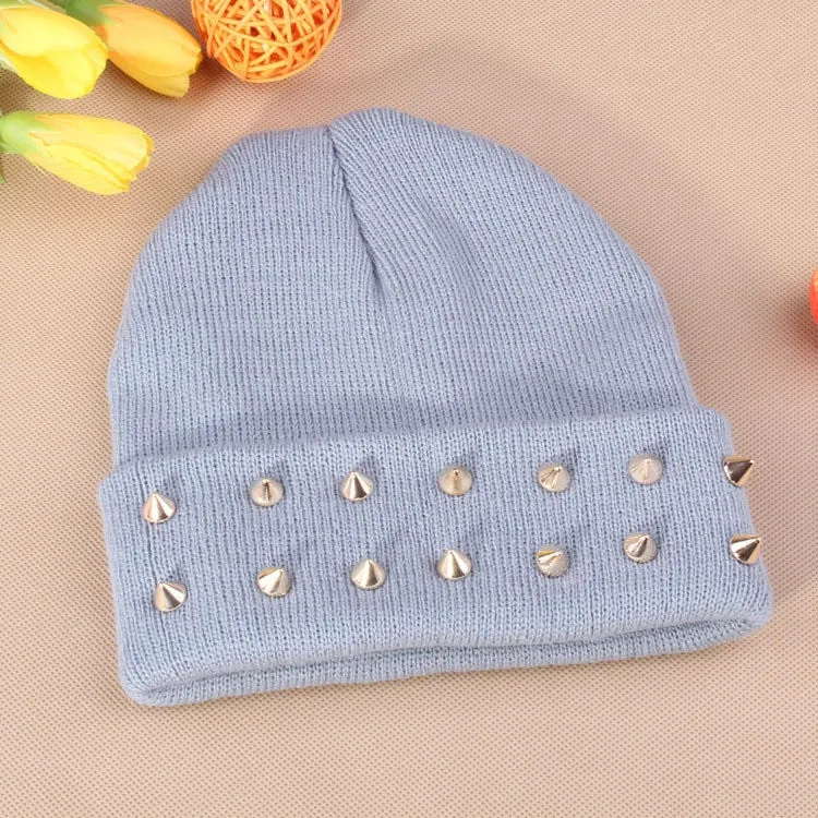 Fashion Unisex Men Knitted Hat Female Jelly Fluo Hat Autumn and Winter Hats for Women Plastic Rivets Wrap Gorro Beanies Cap