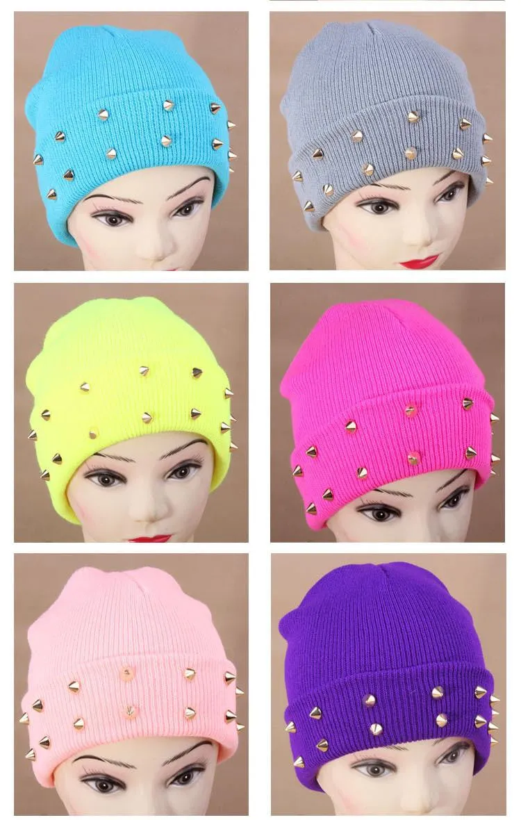 Fashion Unisex Men Knitted Hat Female Jelly Fluo Hat Autumn and Winter Hats for Women Plastic Rivets Wrap Gorro Beanies Cap