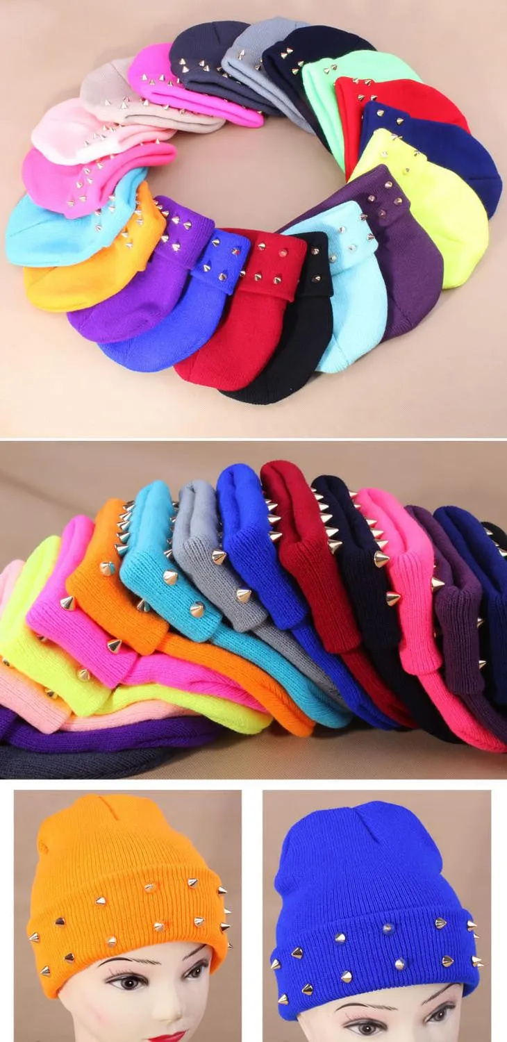 Fashion Unisex Men Knitted Hat Female Jelly Fluo Hat Autumn and Winter Hats for Women Plastic Rivets Wrap Gorro Beanies Cap