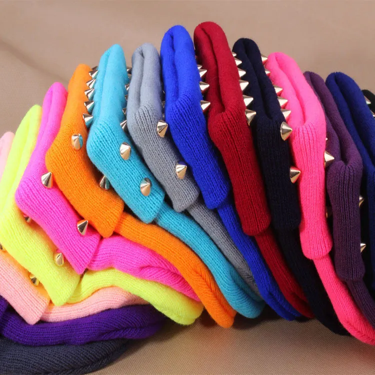 Fashion Unisex Men Knitted Hat Female Jelly Fluo Hat Autumn and Winter Hats for Women Plastic Rivets Wrap Gorro Beanies Cap