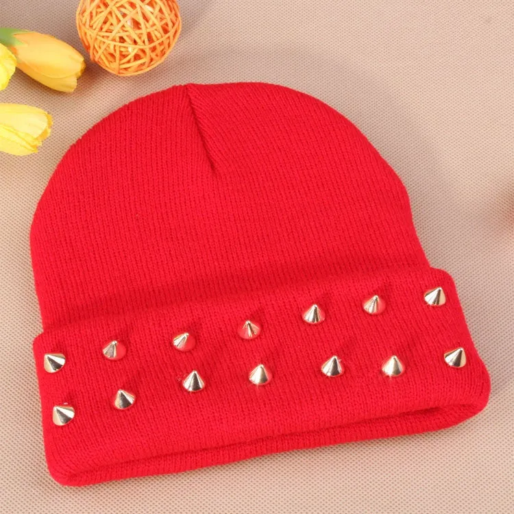 Fashion Unisex Men Knitted Hat Female Jelly Fluo Hat Autumn and Winter Hats for Women Plastic Rivets Wrap Gorro Beanies Cap