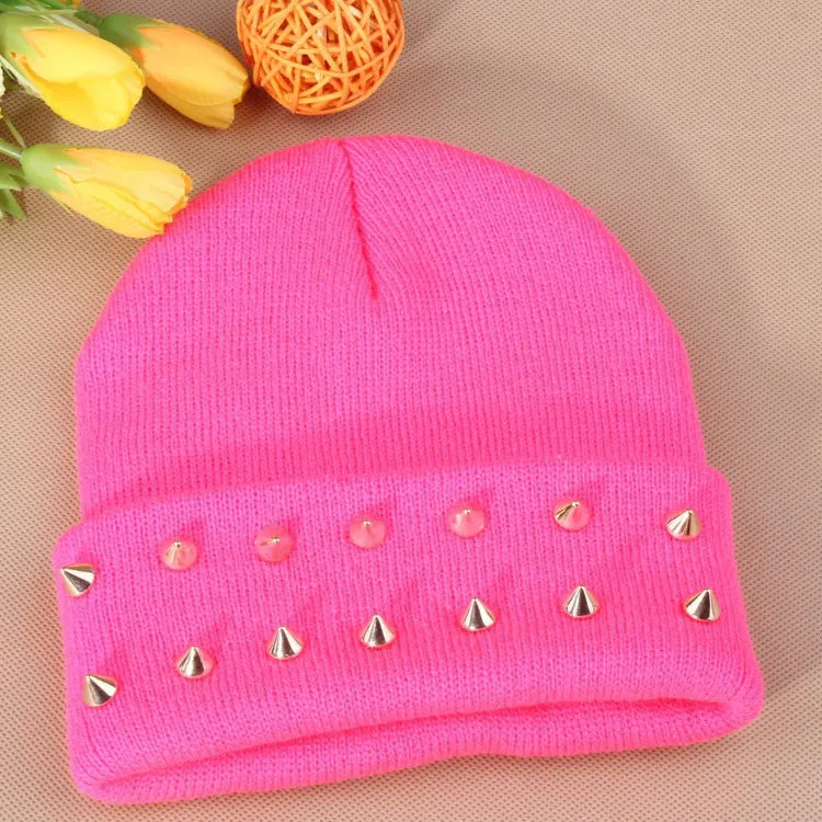 Fashion Unisex Men Knitted Hat Female Jelly Fluo Hat Autumn and Winter Hats for Women Plastic Rivets Wrap Gorro Beanies Cap