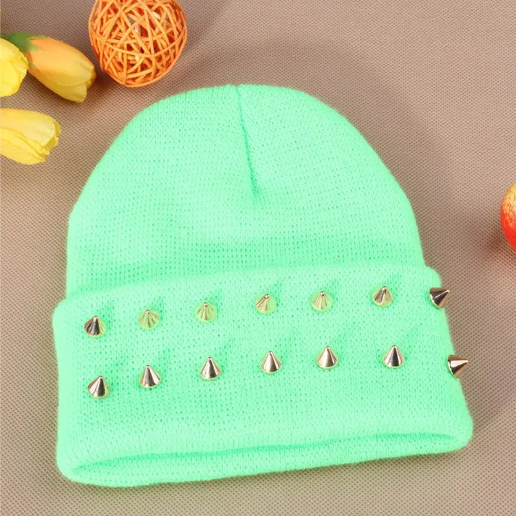 Fashion Unisex Men Knitted Hat Female Jelly Fluo Hat Autumn and Winter Hats for Women Plastic Rivets Wrap Gorro Beanies Cap