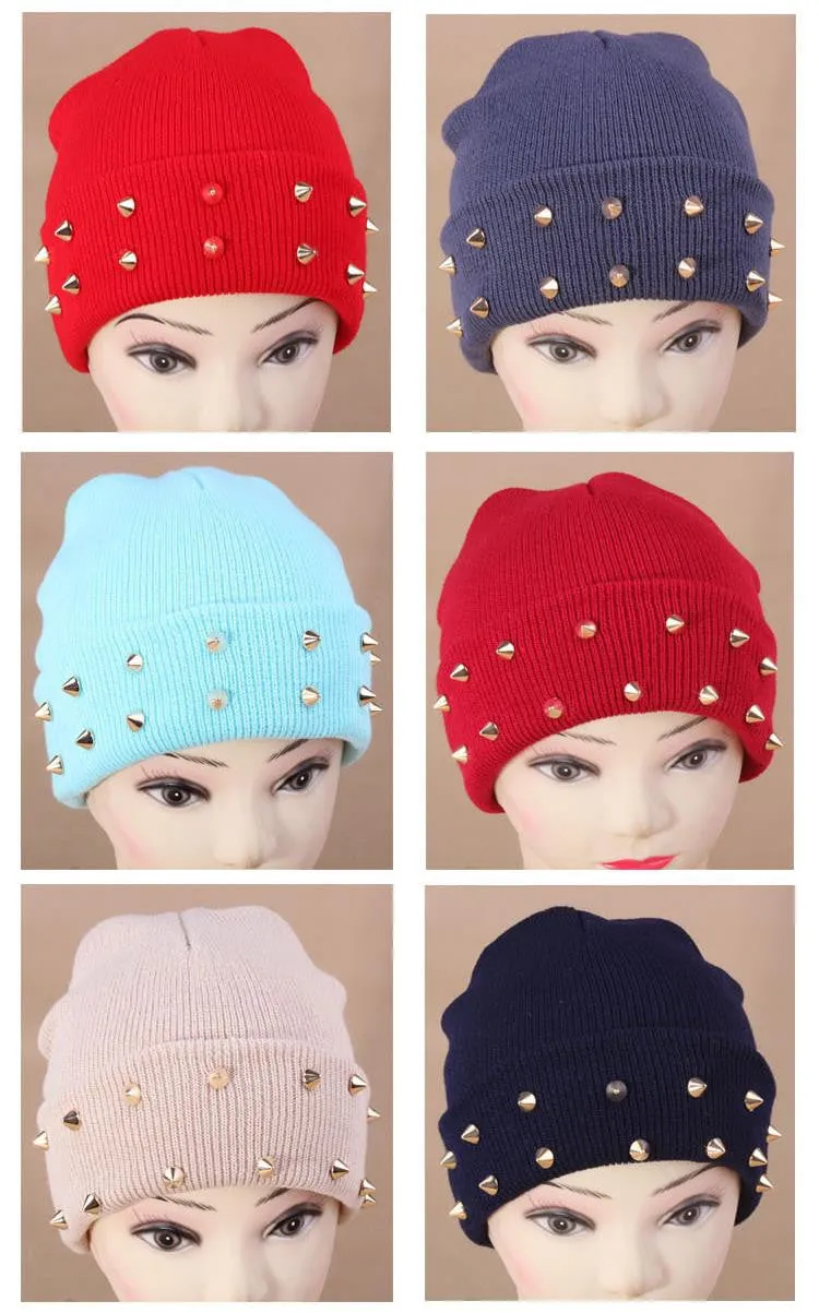 Fashion Unisex Men Knitted Hat Female Jelly Fluo Hat Autumn and Winter Hats for Women Plastic Rivets Wrap Gorro Beanies Cap