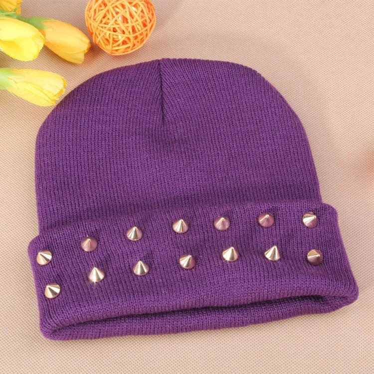 Fashion Unisex Men Knitted Hat Female Jelly Fluo Hat Autumn and Winter Hats for Women Plastic Rivets Wrap Gorro Beanies Cap
