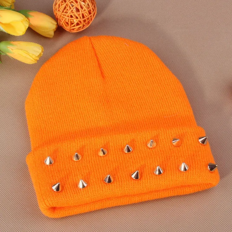 Fashion Unisex Men Knitted Hat Female Jelly Fluo Hat Autumn and Winter Hats for Women Plastic Rivets Wrap Gorro Beanies Cap