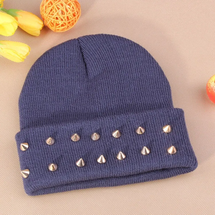 Fashion Unisex Men Knitted Hat Female Jelly Fluo Hat Autumn and Winter Hats for Women Plastic Rivets Wrap Gorro Beanies Cap