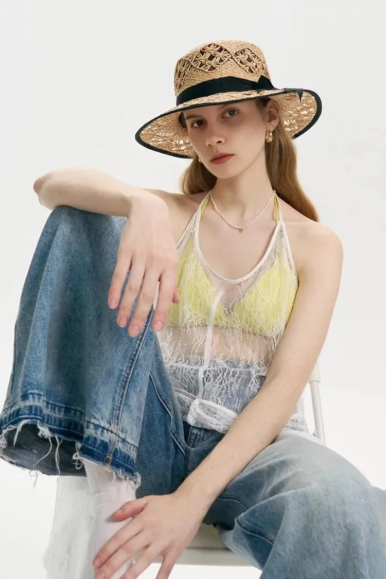 Handmade Crochet Wide-Brim Straw Hat with Ribbon