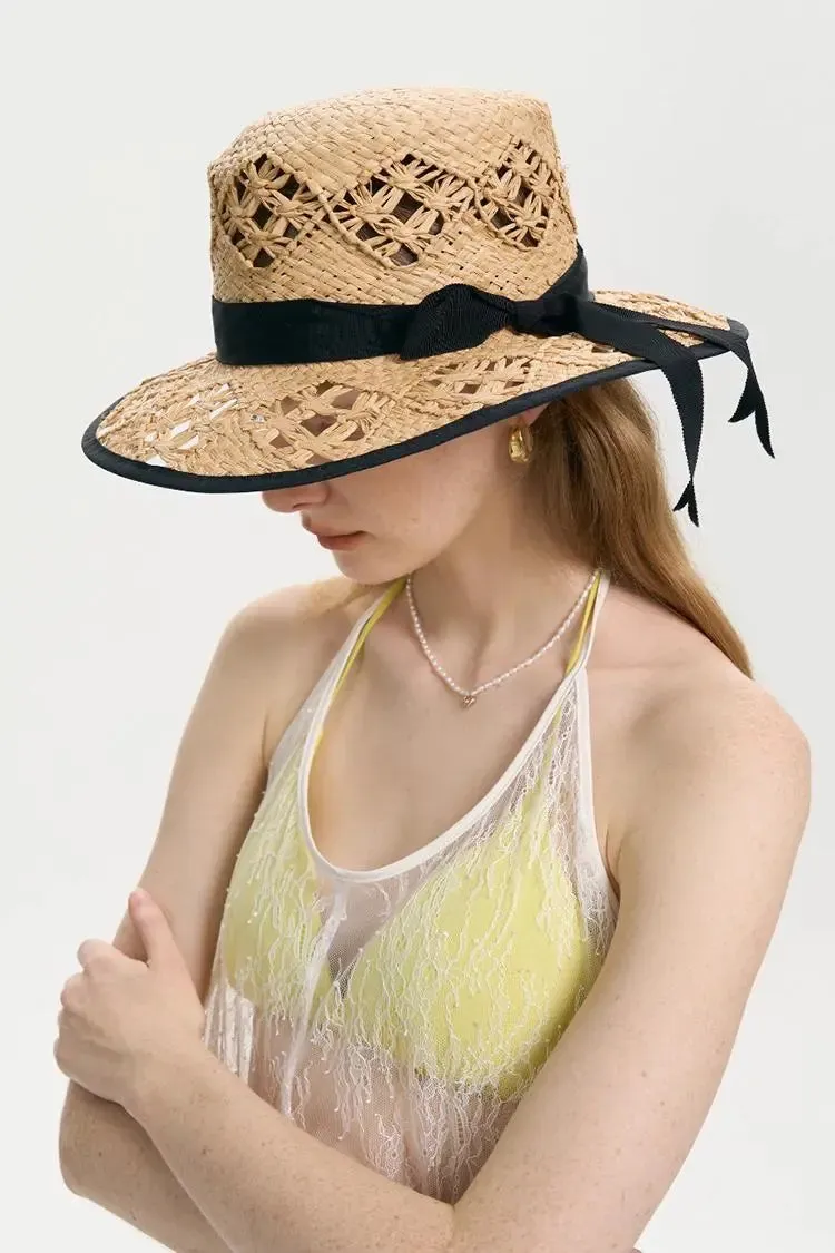 Handmade Crochet Wide-Brim Straw Hat with Ribbon