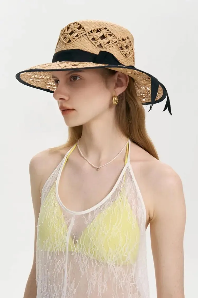Handmade Crochet Wide-Brim Straw Hat with Ribbon