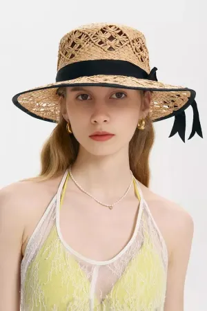 Handmade Crochet Wide-Brim Straw Hat with Ribbon