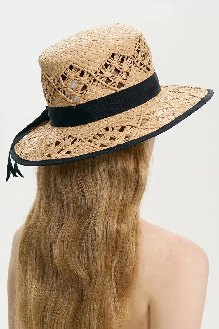 Handmade Crochet Wide-Brim Straw Hat with Ribbon