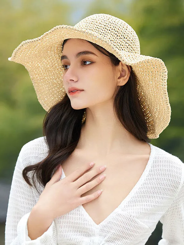 Hollow Solid Color Wide Side Woven Sun-Protection Hats&Caps