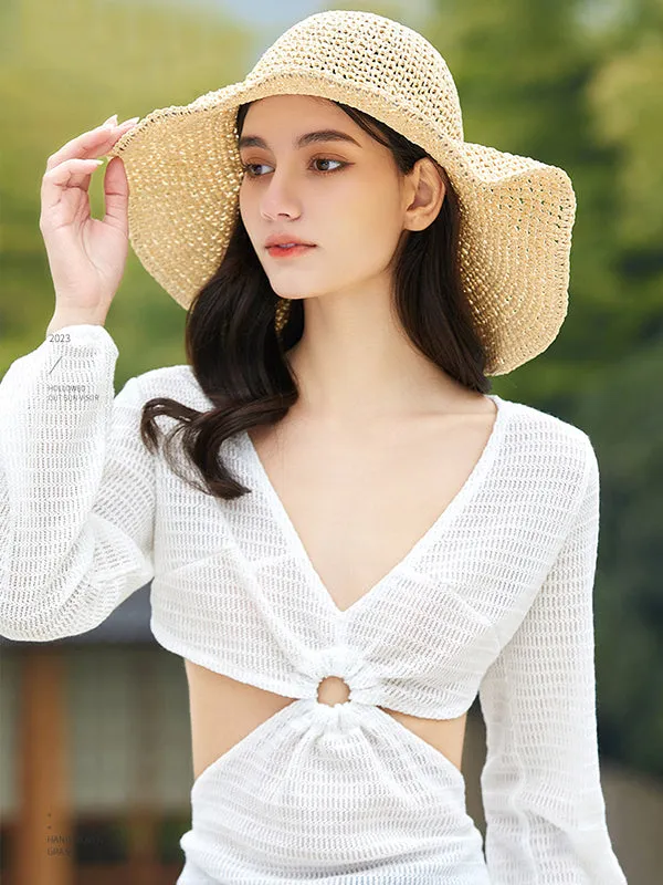Hollow Solid Color Wide Side Woven Sun-Protection Hats&Caps