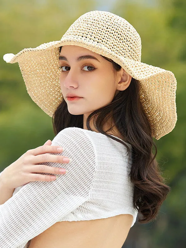 Hollow Solid Color Wide Side Woven Sun-Protection Hats&Caps