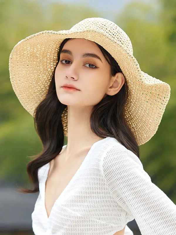 Hollow Solid Color Wide Side Woven Sun-Protection Hats&Caps