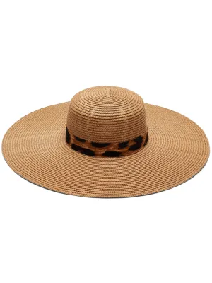 Leopard-Print Ribbon Raffia Floppy Hat