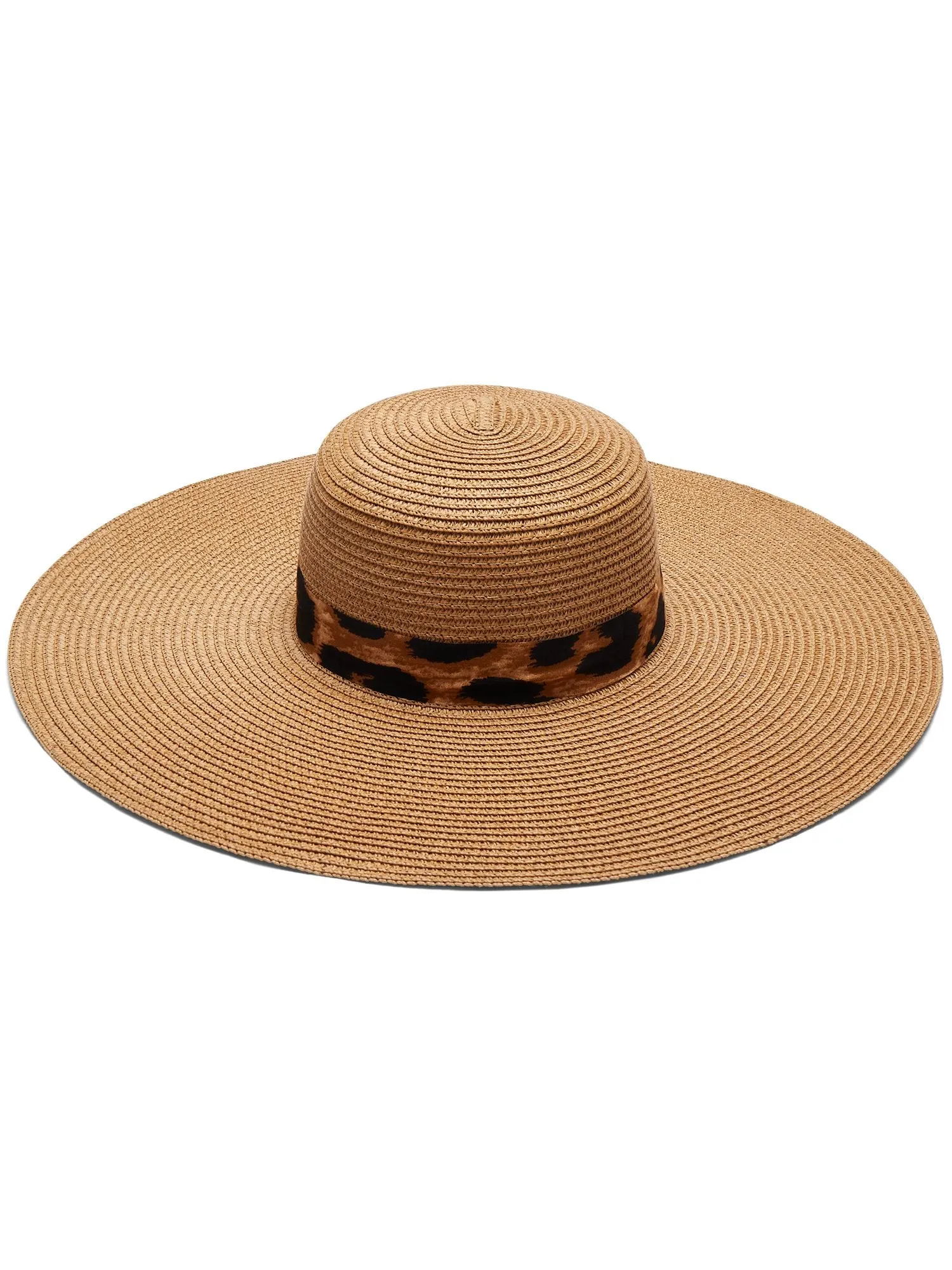 Leopard-Print Ribbon Raffia Floppy Hat
