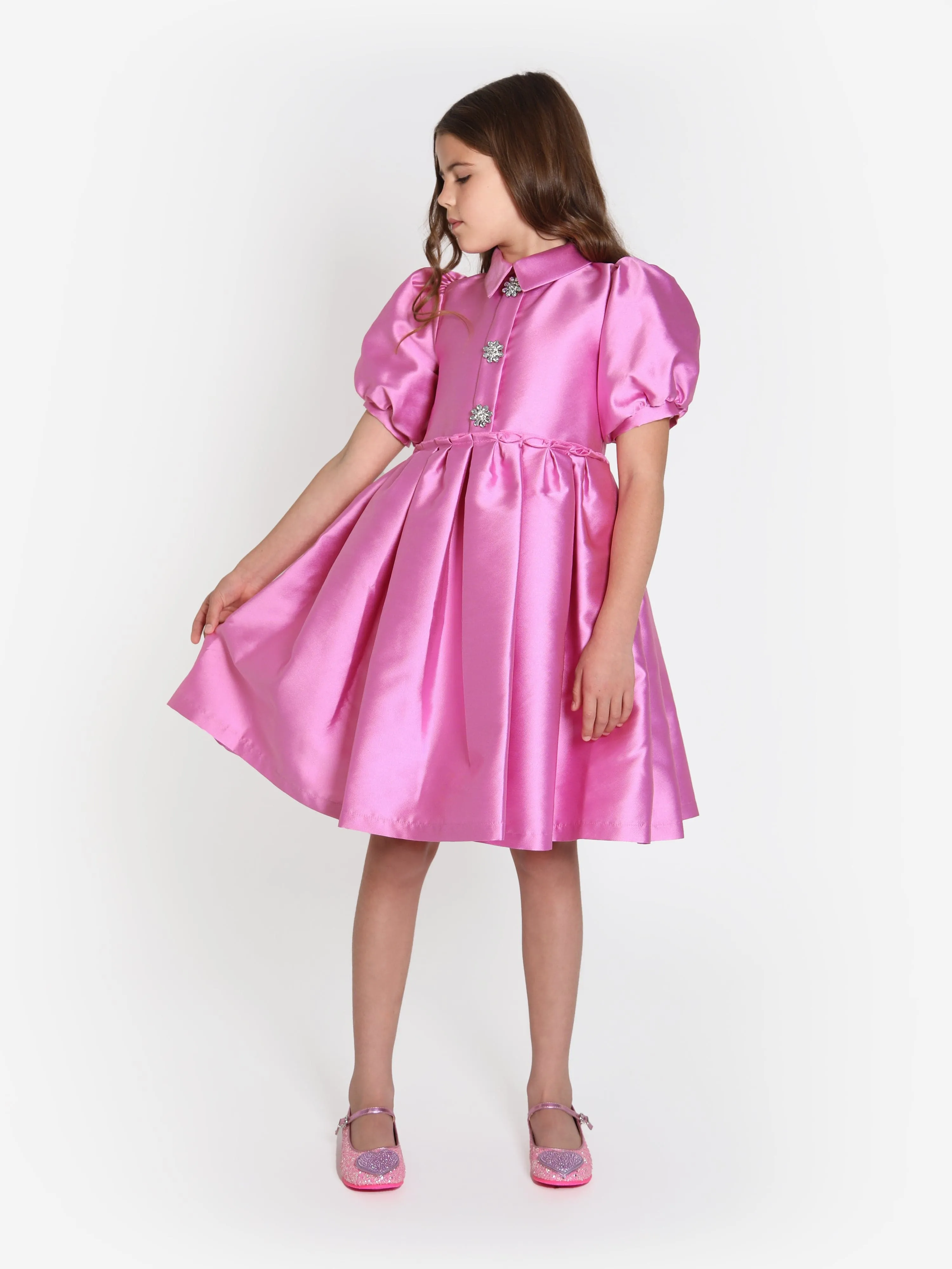 Mama Luma Girls Elegant Brooch Dress in Pink