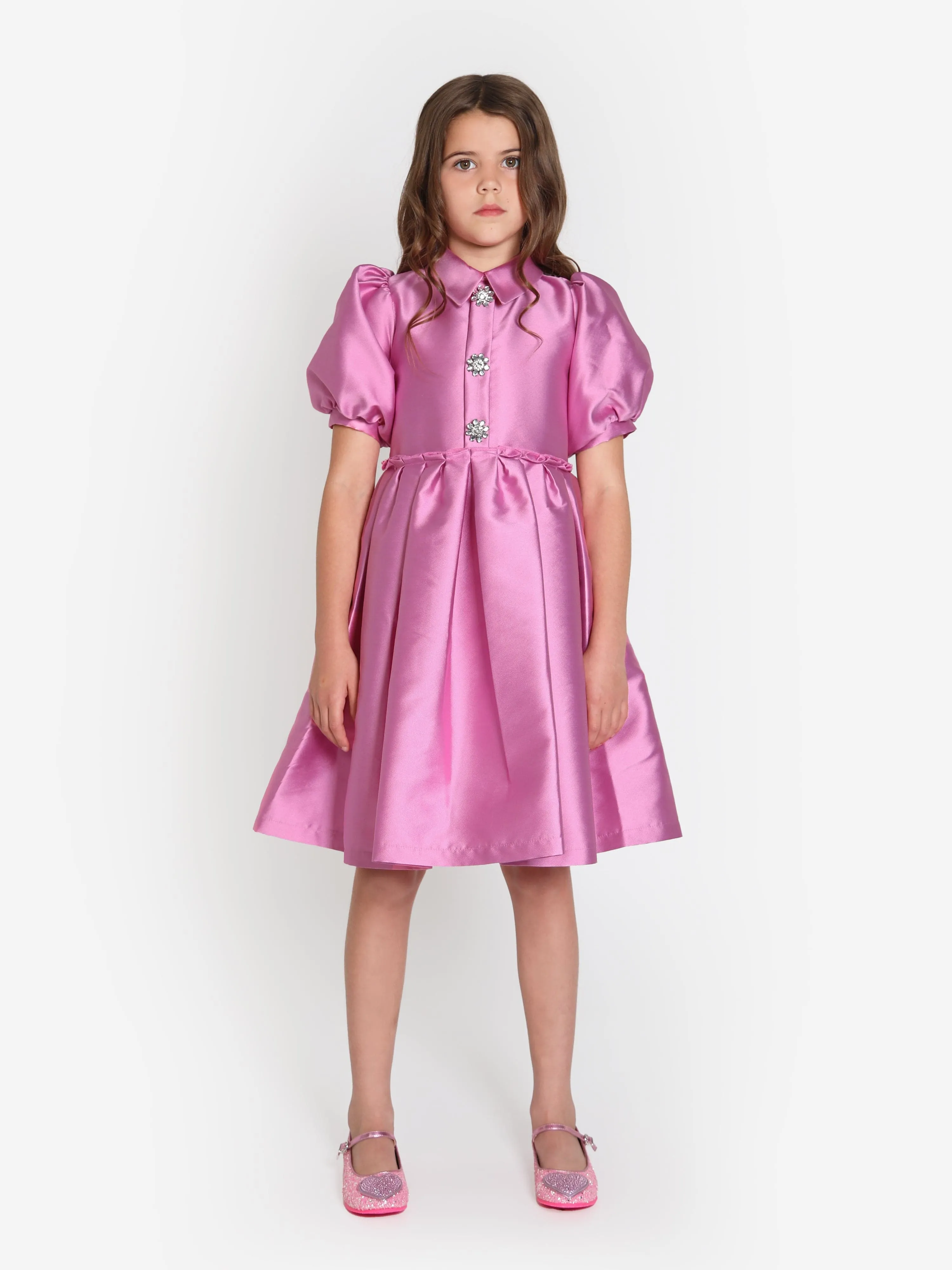 Mama Luma Girls Elegant Brooch Dress in Pink